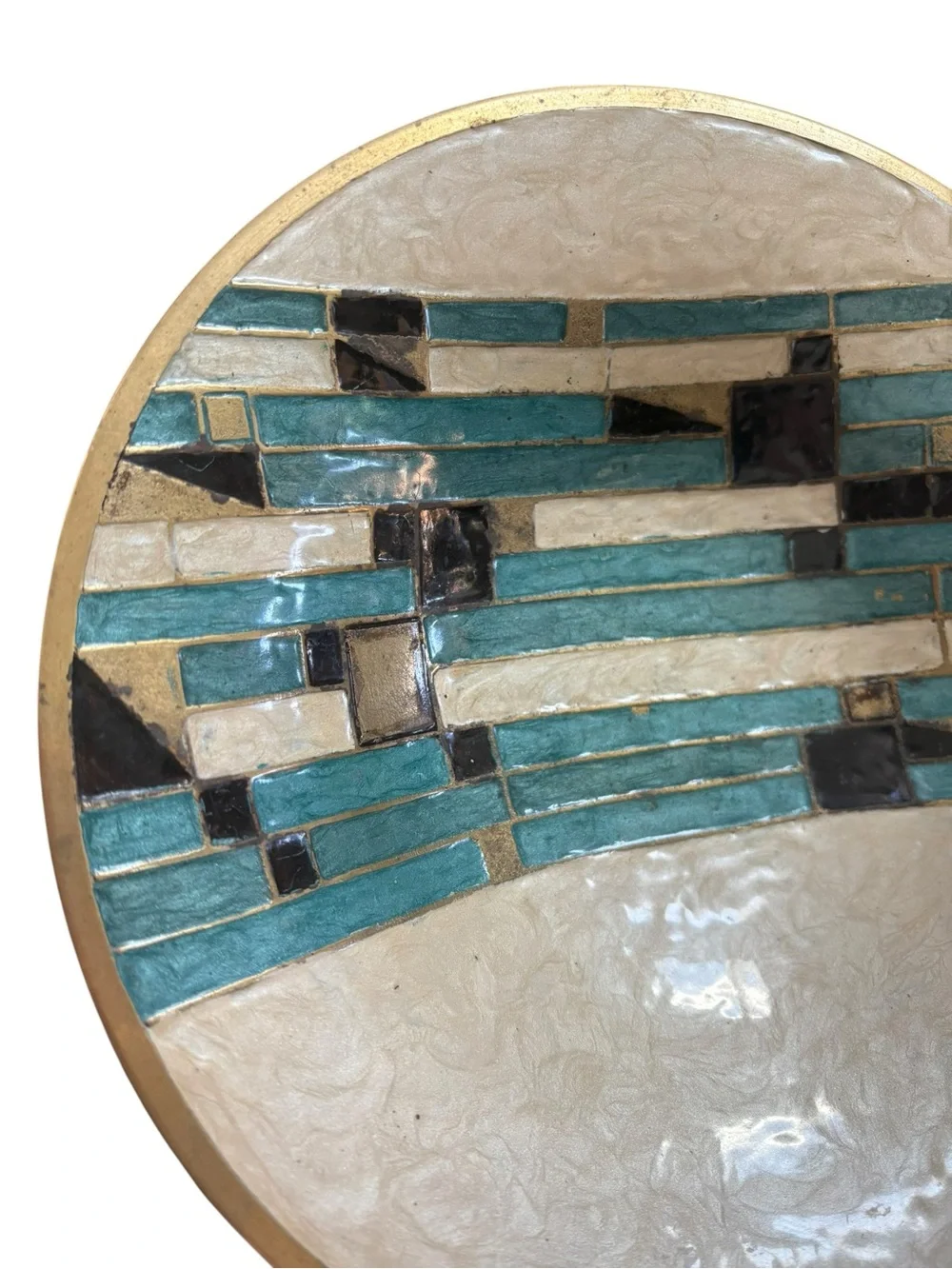 Vintage Brass Enamel  Turquoise Ivory Pedestal Bowl 9